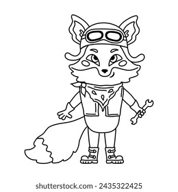 Funny cartoon fox as a biker, racer, mechanic. Character design. Vector illustration.
