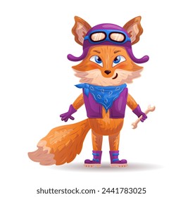 Funny cartoon fox as a biker, racer, mechanic. Vector illustration.