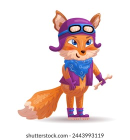 Funny cartoon fox as a biker, racer, mechanic. Vector illustration.