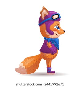 Funny cartoon fox as a biker, racer, mechanic. Vector illustration.