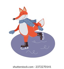 A funny cartoon fox character in a scarf and mittens skates on the ice. Vector cartoon illustration for cards, children's books, invitations.