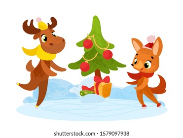 Funny cartoon fox and elk skating on the ice rink. Winter theme. Vector illustration in children's style, for children's books, greeting cards, posters, stickers or decor