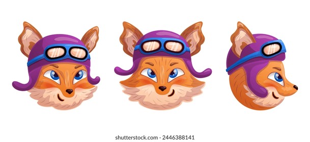 Funny cartoon fox head in retro helmet as a biker, racer, pilot. Vector illustration set.