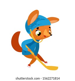 Funny cartoon fox hockey player. Winter games. Vector illustration in children's style, for children's books, t-shirt prints, posters, stickers or decor