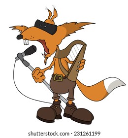 Funny cartoon fox holds microphone and celtic harp in hands and sings, sketch illustration.