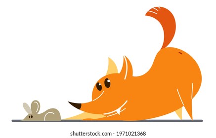 Funny cartoon fox hunting and catching mouse flat vector illustration isolated on white, wildlife animal humorous drawing.