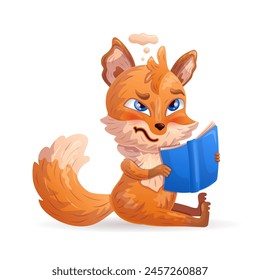 Funny cartoon fox is reading a book, studying. Vector illustration.