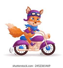 Funny cartoon fox is riding the motorcycle. Vector illustration.