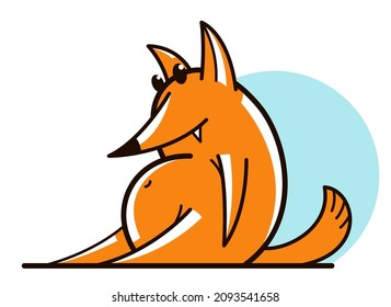 Funny cartoon fox sitting with fat belly flat vector illustration isolated on white, wildlife animal humorous drawing.