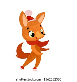 Funny cartoon fox skating. Winter theme. Vector illustration in children's style, for children's books, t-shirt prints, greeting cards, posters, stickers or decor