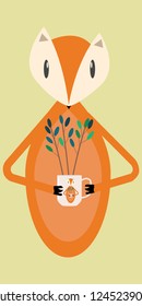 funny cartoon Fox spring with a Cup of green tree branches