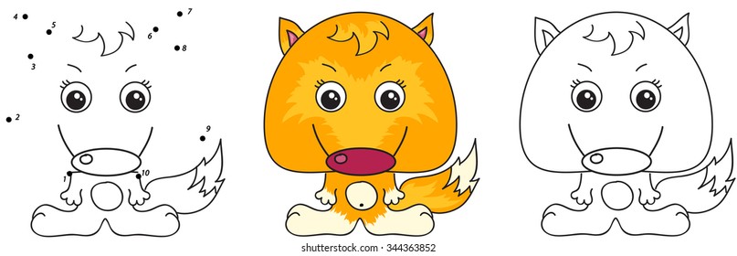 Funny cartoon fox. Vector illustration for kids. Dot to dot game and coloring book