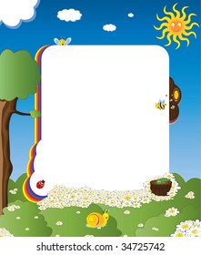 A funny cartoon frame with happy insects and flowers.