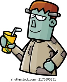 Funny cartoon frankenstein holding orange juice for summer