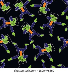 Funny cartoon Frankenstein make DAB move, dancing hip hop style. Halloween seamless pattern. Vector illustration.