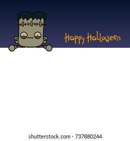 Funny cartoon Frankenstein's monster. Halloween backdrop with inscription "Happy Halloween". 