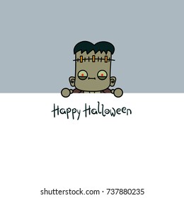 Funny cartoon Frankenstein's monster on gray background. Halloween backdrop with inscription "Happy Halloween". 