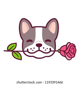 Funny Cartoon French Bulldog Puppy Holding Rose In Mouth. Cute Valentines Day Dog Greeting Card Vector Illustration.