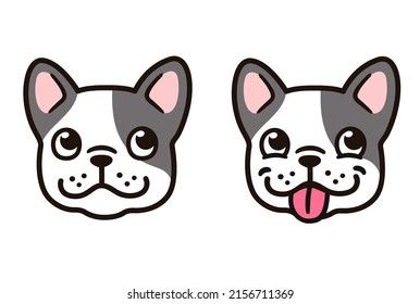 Funny Cartoon French Bulldog Puppy Face, Normal And Tongue Out. Cute Frenchie Dog Drawing, Vector Illustration Set.