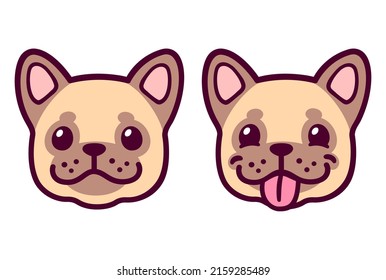 Funny Cartoon Französisch Bulldog Welpen Gesicht, normal und Zunge aus. Cute Frenchie Hund Zeichnung, Vektorgrafik Set.