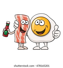 Funny cartoon fried egg next to bacon with ketchup bottle