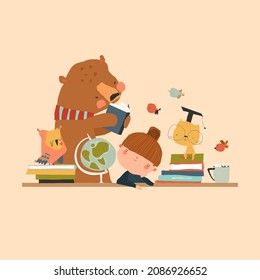 Funny Cartoon Friends learning in the School