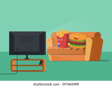 Funny cartoon fries and cheeseburger watching TV on the sofa. Vector illustration