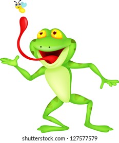 funny cartoon frog catching fly