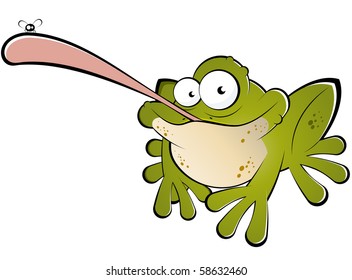 funny cartoon frog catching fly