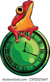 Funny cartoon frog with clock. Hand drawn vector.