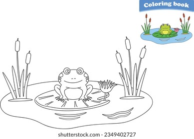 Funny cartoon frog. Coloring pages. Vector illustration