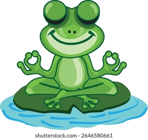 A funny cartoon frog doing yoga in a calm pose. Great for wellness content, kids illustrations, and mindfulness-themed designs. Flat and colorful vector style.
