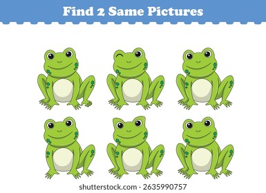 Funny cartoon frog. Find two same pictures. Educational game for children. Cartoon vector illustration
