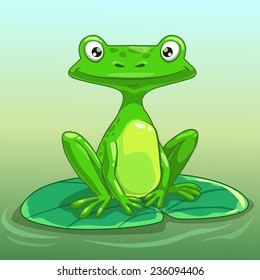 Funny cartoon frog on the lily pad