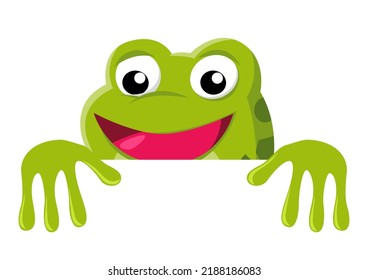 Funny cartoon of a frog peeking from behind the wall, vector illustration