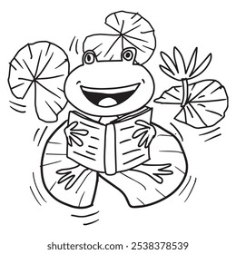 Funny cartoon frog reading a book. Black and white vector illustration.