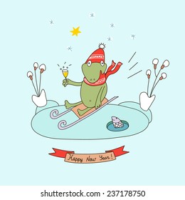 Funny cartoon frog riding on a sled in a glass of champagne in hand. Happy new year. Greeting card.