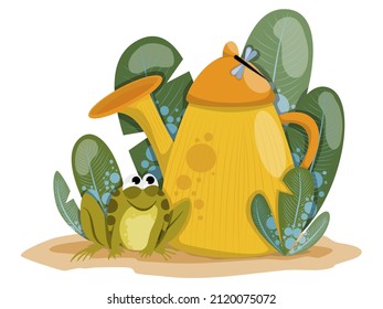 A funny cartoon frog sits in thickets of tall grass near a big yellow watering can. Vector children's illustration