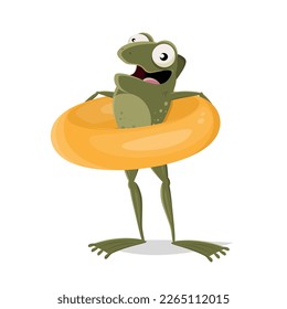 funny cartoon frog with a swimming ring