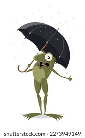 funny cartoon frog with umbrella standing in the rain