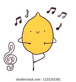 Funny cartoon fruit ballet dancer lemon character. 
treble clef image.

