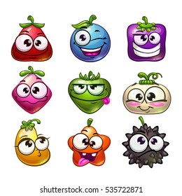 Funny cartoon fruit and berry characters set. Isolated on white. Vector illustration.