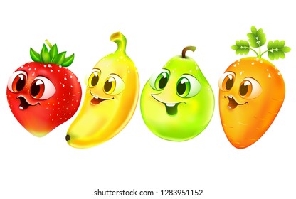 funny cartoon fruit with big eyes. food set. emotion strawberry, banana, pear, carrot