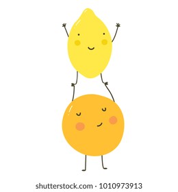 Funny cartoon fruit. Lemon and orange