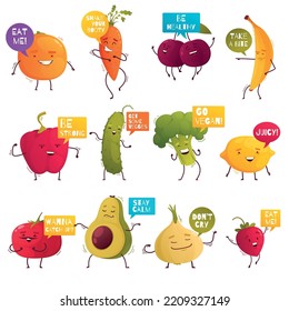 Funny cartoon fruit and vegetable icons set with positive messages isolated vector illustration