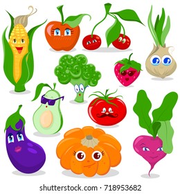 Funny cartoon fruit and vegetables vector set