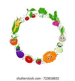Funny cartoon fruit and vegetables vector frame, background template
