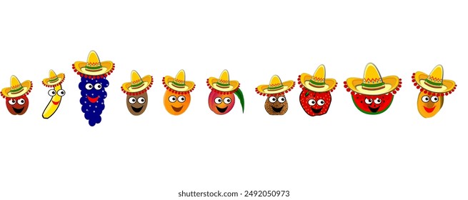 Funny cartoon fruits with faces and sombreros. 