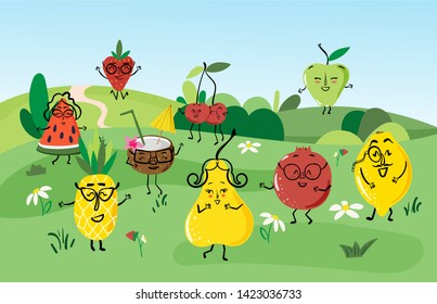 Funny cartoon fruits on summer landscape background dancing and having fun. Vector illustration. Children illustration