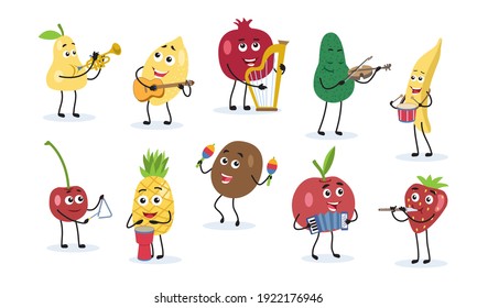 Funny cartoon fruits play different musical instruments. Fruit vitamin orchestra. Vector illustration.